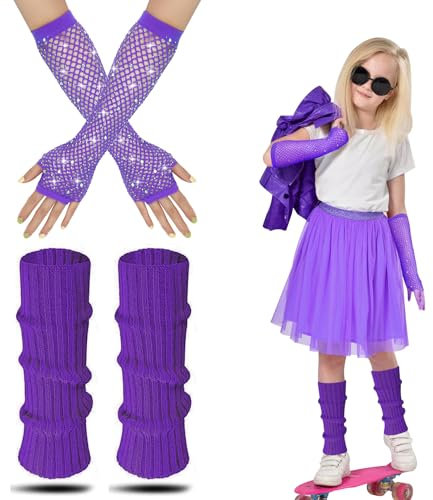 AffeGifts 80er Jahre Stulpen Kinder, 80er Jahre Outfit Kinder Neon Fischnetz Handschuhe Warm Leg Warmers Kids Schweißbänder Stulpen 80er Glitzer für Mädchen Fancy Kleid (Lila, 1)