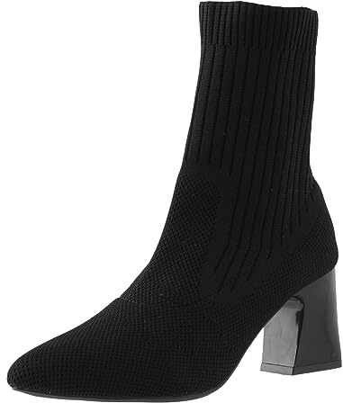 Botines Mujer Versátil Botas Cortas Puntiagudas Punta Tacón Grueso Tacones Altos Calcetines Elásticos de Punto Botas, Botas Tejidas Voladoras, Femenino, Negro , 40 EU