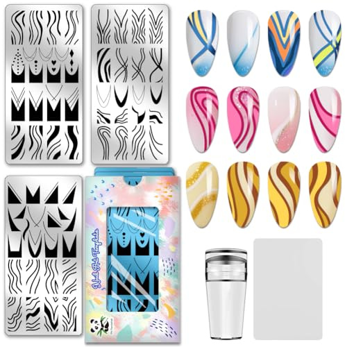 PH PandaHall 3 Stück French Line Nagelstempelplatten French Tip Nagelkunst Stencils Wave Streifen Nagelkunst Templates Geometrische Textur Nagelbildplatten für Frauen Maniküre Salon DIY Design Druck
