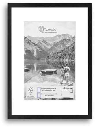 CLAMARO COLLAGE 20 Cadre photo 50 x 70 cm - Noir mat - Avec passe-partout pour photos au format A2 (42 x 59,4 cm) - Cadre fin en bois MDF de 20 mm de large avec verre acrylique