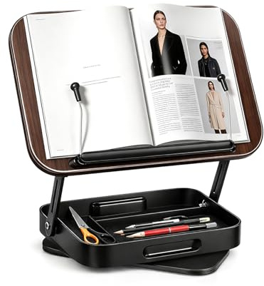Atril de lectura plegable con ajuste de altura y ángulo, soporte para libros de lectura giratorio 360°, soporte ajustable para libros de cocina para lectura manos libres, aspecto de madera con