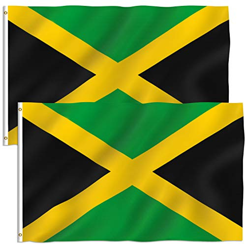 ANLEY Pack med 2 Fly Breeze 3x5 fot Jamaica-flagga - Levande färg och UV-blekningsbeständig - Canvashuvud och dubbla sömmar - Jamaicanska nationella flaggor Polyester med mässingstätningar 3 X 5 Ft