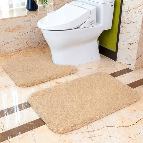 VANZAVANZU Badematten Set 2 Teilig rutschfest Badvorleger Verdickt Badteppich Weich Flauschige Mikrofaser Badezimmer Teppich, 50 x 80cm Badeteppich + 50 x 60cm WC Vorleger (Beige)