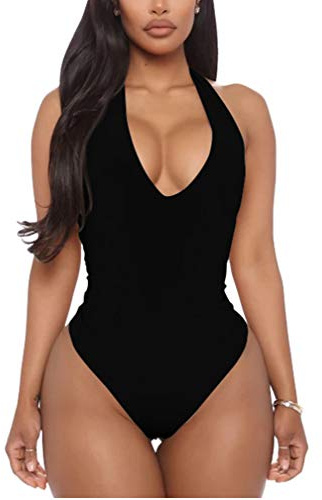 YMDUCH Women's Sexy Sleeveless Halter V Neck Backless Leotard Bodysuit Tops Black