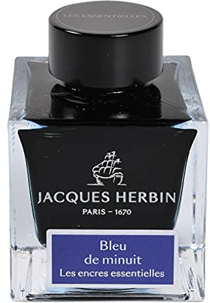 Jacques Herbin 13119JT - 50 ml ink bottle for fountain and roller pens, Bleu de minuit/ Midnight Blue Colour - Made in France - Calligraphy - Writing - Arts