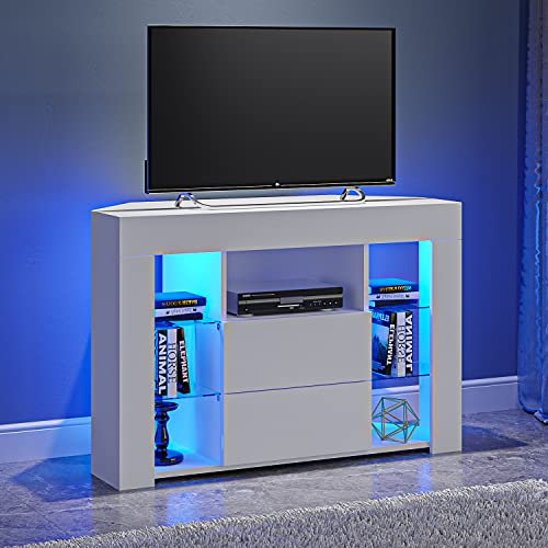 Panana Corner TV Stand Cabinet Sideboard 2 Storages 4 Glass Shelves With RGB LED Lights 16 colors for choose (White)