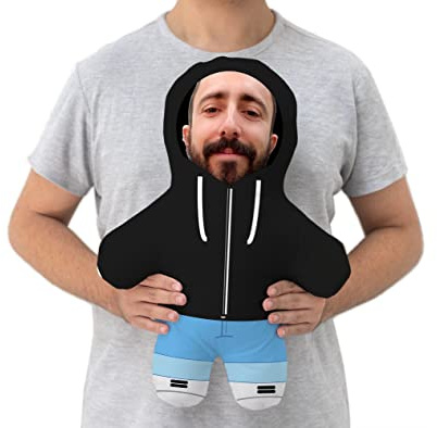 Made in Gift Cojín en Forma Humano Personalizado con Foto de Tu Cara y Sudadera de Color a Elegir como Regalo Original de Juguete Niños y Cojín Blandito para Adultos (Negro)
