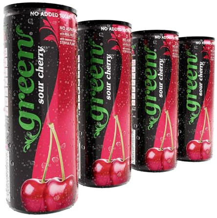 Green Sour Cherry - Low Calorie Soft Drinks - Sparkling Cherry Flavour with 10% Natural Juice - No Added Sugar, Sweetened with Stevia, No Aspartame - Alternative Fizzy Drink - Pack of 4 Cans x 330ml