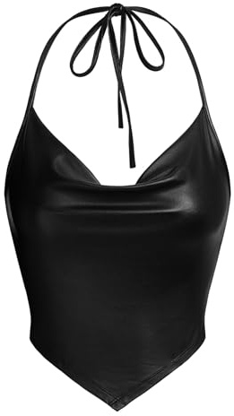 OYOANGLE Women's PU Leather Going Out Top Summer Sleeveless Draped Halter Crop Tank Cami Top Black S