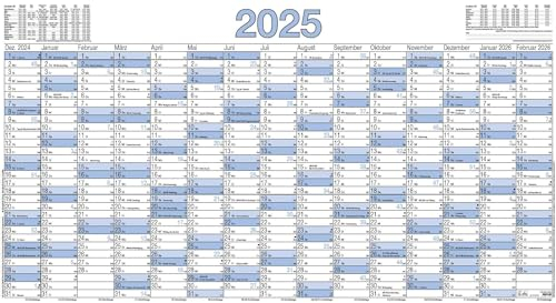 Zettler - Plakatkalender 2025, 140x77cm, Plakatkalender mit 15 Monaten auf 1 Seite, 5 Stk. gerollt, Arbeitstage- und Wochenzählung, Mondphasen, Feiertage, Ferientermine und deutsches Kalendarium