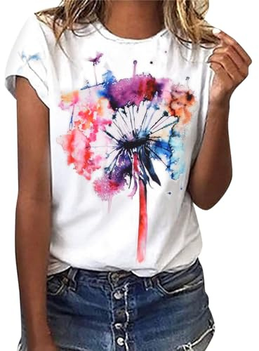 heekpek T Shirt Donna Manica Corta Bianca Cotone Maglietta Manica Corta Donna Casual Girocollo Stampa Estiva Base Tee Bluse, Dente di Leone, L