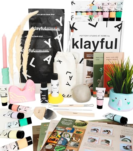 Klayful-Töpferset für Anfänger | Lufttrocknendes DIY Set für Erwachsene | 3kg of ton,Werkzeuge,Acrylfarben,Pinsel, Dichtmittel,Anleitung (3 kg Ton Weiß – Pastellfarben)