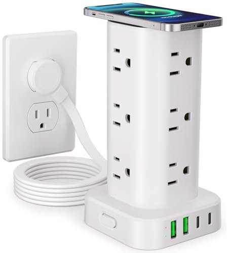 6FT Power Strip Tower with Wireless Charger,Surge Protector with 12 Outlets