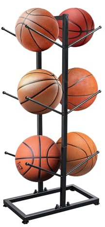 svteli 6-Ball Metal Ball Storage Rack, Basketball Holder for Indoor & Outdoor Use, 3 Layer Basketball Organizer, Double Side Metal Ball Rack Display Stand for Basketball, Football, Volleyball Storage