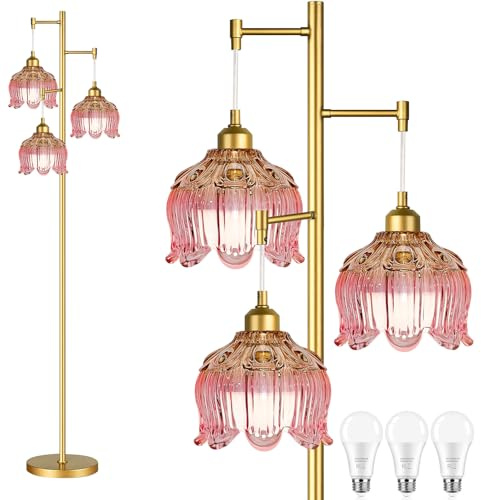 QIYIZM Pink Floor Lamp for Living Room,Bedroom,Gold Mid Century Modern Standing Lamp Brass Tree 3 Light Tall Floor Lamps Vintage Retro Floor Lights Glass Flower Lamp Shade Girls Kids Boho Bohemian