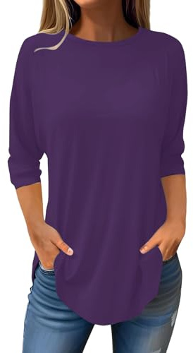Maglietta da donna a maniche a 3/4, con scollo rotondo, in cotone, estiva, tinta unita, casual, a maniche lunghe, basic Streetwear, Lilla, XL