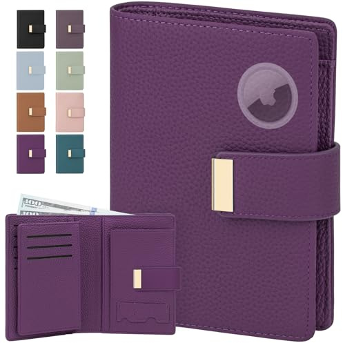BKNOOU Passport Holder with Airtag Slot Travel Wallet Compact for Women Men, Leather Passport Wallet RFID Blocking Passport Holder for Travel with Zipper Coin Pocket, Holder Cash, Card (Purple)