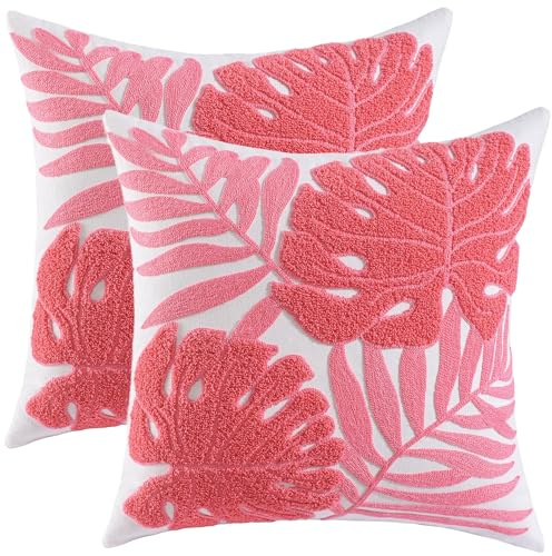 Tosleo Lot de 2 Housses de Coussin Brodées Tropical Feuilles de Palmier Rose en Coton 45x 45cm Deco de Ferme pour Chambres Canapé Salon Jardin Chaise Ferme