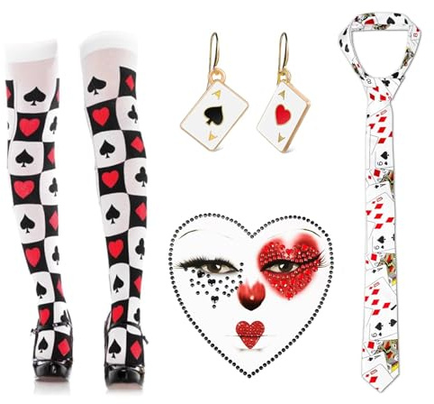 LUKIUP Regina di Cuori Costume Donna, 6 pezzi Set di Accessori per Poker, Adesivi per la Faccia del Cuore del Poker, Cravatta per Poker, Orecchini per Poker, Calze per Carnevale, Gioco di Ruolo