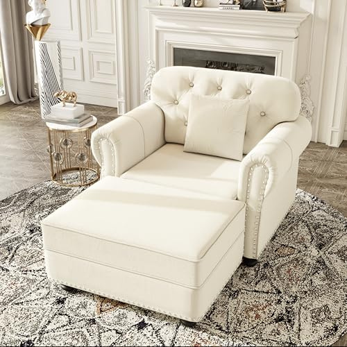 SmartEdge 41.3 Velvet Chesterfield Sofa with Ottoman, Deep Seat Button Tufted Couch with Rolled Arms & Nailhead Trim & Solid Wood Legs, Upholstered Sofa for Living Room, Beige