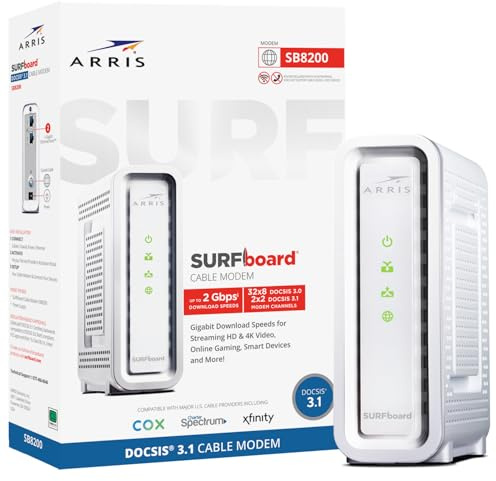 ARRIS SURFboard SB8200 DOCSIS 3.1 Multi‑Gig Cable Modem | 2 -1Gbps Ethernet Ports | Works with Xfinity, Cox, Spectrum | For Cable Internet Plans up to 2Gbps | Modem Only, Router Required