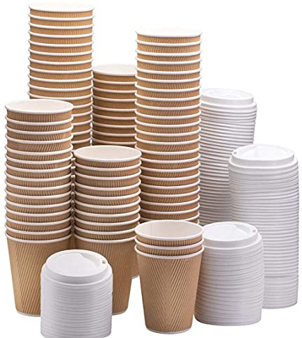 HOT BARGAINS - Kraft Triple Walled Disposable Paper Ripple Cups - 100 X 12oz / 360ml, Hot Drink Cups + Reusable Lids