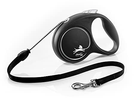 flexi® Black Design M | 5 m retractable cord leash for dogs up to 20 kg | Black/silver | Retractable dog lead | Weight: 200 g | Dimensions: 10.6 x 15.1 cm