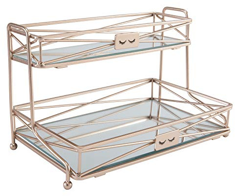 Home Details Mirrored, Perfect for Perfumes, Jewelry, Makeup, Cosmetic Organizer, Stylish Decor in Rose Gold 2 Tier Vanity Tower