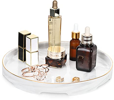 Shinowa Vassoio in Ceramica Rotondo, Vassoio da Bagno Organizzatore Decorativo Cosmetici Porta Gioielli Profumi Trucchi Portagioie Centrotavola per Candele Sapone per Ingresso Comò - Bianco Marmo