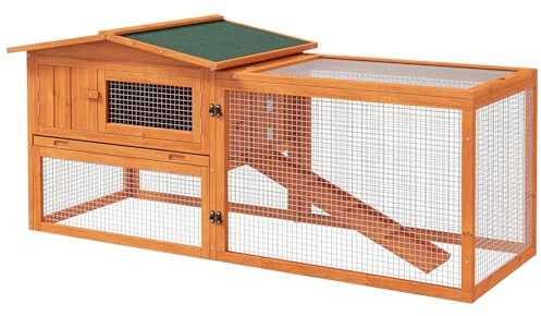 PawHut Rabbit Hutch with Run Wooden Guinea Pig Hutch Outdoor Bunny Cage Hide House with Sliding Tray, Hay Rack, Ramp, 156 x 58 x 68cm, Orange