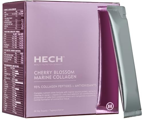 HECH® Cherry Blossom Marine Collagen | Vitamin C & D | D-Biotin | Zink | Mangan | Selen | Vitamine- und Mineralstoffe | Unterstützung der Kollagenbildung im Körper | Inhalt: 28 Sachets Kollagen Pulver