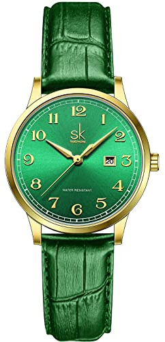 SHENGKE SK Klassische Business Damenuhren mit Edelstahlband und eleganter Damenuhr aus echtem Leder (Gold-Green)