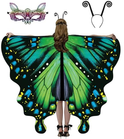 WhiteUniQoon Butterfly Costume for Women, Adult Butterfly Wings Halloween Party Costume with Lace Mask and Antenna Headband