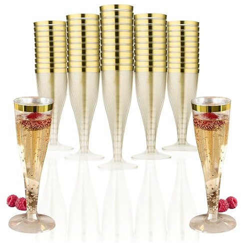 KELHOM Flûtes à Champagne en Plastique de 133ml avec Bord Doré - 50 Flûtes Élégantes sans BPA pour Fête de Mariage, anniversaire, Cocktail & Barbecue - Verre à Champagne en Plastique Solide & Lavable
