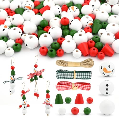 190Pcs Christmas Snowman Wooden Beads Christmas Winter Wooden Beads Snowman Beads Kit with Hemp Rope for Christmas Tree Decorations DIY Wooden Beads for Crafts