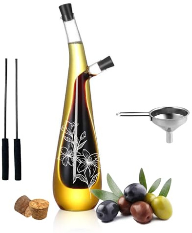 wishamotherwould Oil and Vinegar Dispenser Bottle - Handblown Glass with Elegant Floral Etched Design - Premium Glass Salad Dressing Bottle - Olive Oil and Vinegar Dispenser Set - 12 oz