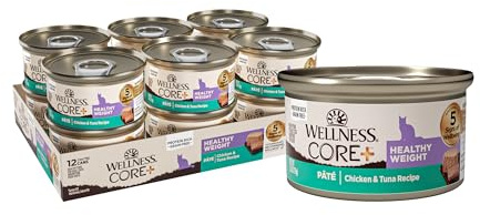 Wellness CORE+ Healthy Weight Pate Adult Canned Wet Cat Food, Natural, Protein Rich, Grain Free, Chicken and Tuna Recipe, 2.8 oz, Pack of 12 Cans