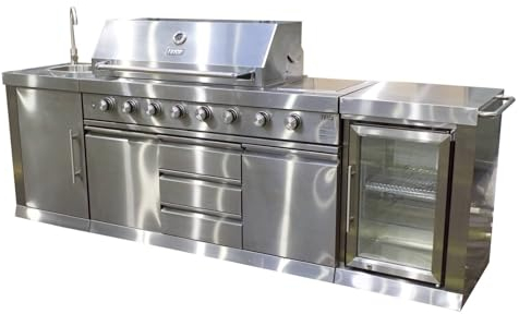 Outdoorküche BBQ, Außenküche mit Gasgrill, Outdoor Küche in silber, 2630 x 580 x 1190 mm