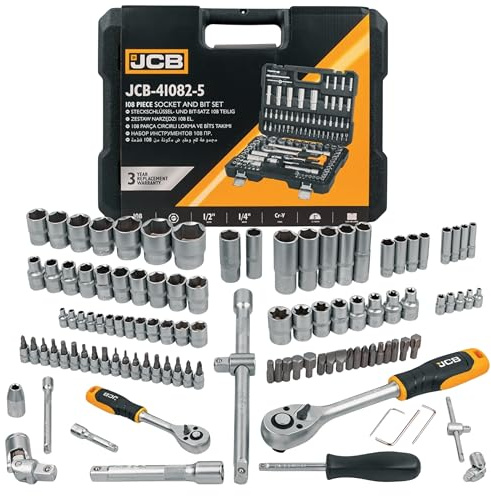JCB Juego de herramientas de 108 piezas, 1/4, 1/2 (6 cantos) (4-32 mm), juego de llaves de vaso, caja de carraca y herramientas