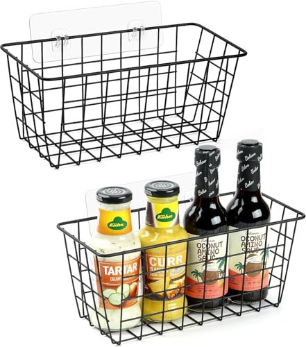 MEETOZ 2 Pack Hanging Metal Storage Basket, Adhesive Wire Wall Storage Basket, No Drilling Hanging Fruit Baskets, Cabinet Door Organizer for Kitchen, Pantry Organization, Bathroom, Black