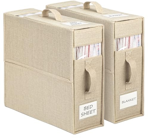 Yeahshion 2 Piezas Bolsa de Almacenamiento para Sábanas, Organizadores de Ropa de Cama Plegables, Práctico Almacenamiento de Ropa de Cama y Mantas para Camas Tamaño King y Queen, Beige