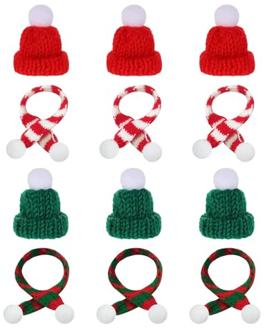 Sricam 12Pcs Knitting Mini Christmas Hats and Mini Scarf Set, Knit Minis Santa Hats for Crafts, Xmas Party Hats Small Top Hat for DIY Wine Bottle Cap Decor Table Decoration