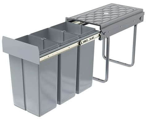 XMTECH Sophink för kök, utdrag, inbyggd soptunna, underskåp, sopseparationssystem, 3 fack utdragbart 3 x 10 L, fullt utdrag med teleskopskenor, 48 x 26 x 42 cm (L x B x H), grå