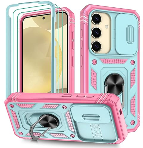 Pilaru 3 in 1 for Samsung S25 Case | With Front Frame | [Separate] 2 Screen Protector & Kickstand Ring & Camera Cover Military Grade Drop Shockproof Protection for Galaxy S25,Green/Pink