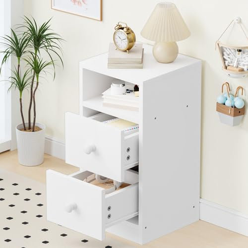 Bonnlo Nachttisch Weiß, Kommode mit 2 Schubladen, Konsolentisch Schmal mit offenem Fach, Nachtschrank Boxspringbett aus MDF mit Stauraum für Schlafzimmer, Modern, 25x30x60cm