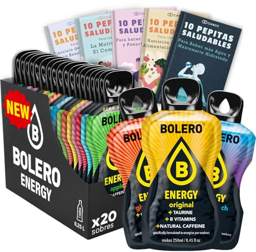 20 x Bolero ENERGY MIX Nuevos Sabores – Bebida en Polvo sin Azúcar con Taurina, Cafeína Natural, Vitaminas B + 50 Pepitas Saludables Cia&Co