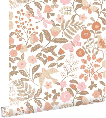 ESTAhome tapet blommor och fåglar terrakottaröd, mullvadsgrått och rosa 53 cm x 10.05 m