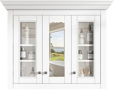 Merax 35 Bathroom Wall Cabinet with Mirror, Wall Mounted Bathroom Medicine Cabinet with Glass Doors and Adjustable Shelves, Powder Room Mirrored Door Over Toilet Storage Cabinet, Painted White