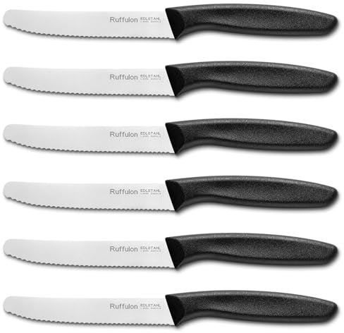 Ruffulon Tomato Knife Set of 6,Serrated Kitchen Knives,Sharp Blade Classic Utility Knife,Stainless Steel Wavy Edge Tomato Knives&Table Knives,Black Plastic Handle Dinner Knifes,Dishwasher Safe