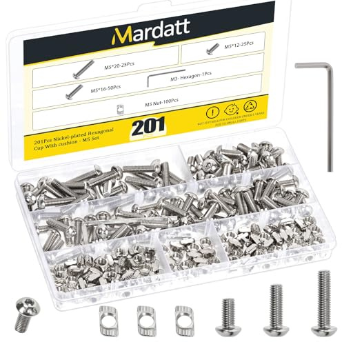 Mardatt 201Pcs M5 Sliding T-Nuts with Hex Button Head Screws Kit, Carbon Steel Metric Screw with Hammer Head T Nut, Hex Key Wrench for 2020 Series Aluminum Extrusion Profile